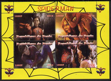 Benin 2014 Spiderman (Movie) perf sheetlet containing 4 values unmounted mint. Note this item is privately produced and is offered purely on its thematic appeal, stamps on , stamps on  stamps on films, stamps on  stamps on cinema, stamps on  stamps on movies, stamps on  stamps on spiderman, stamps on  stamps on fantasy