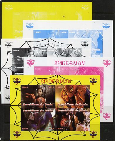 Benin 2014 Spiderman (Movie) sheetlet containing 4 values - the set of 5 imperf progressive proofs comprising the 4 individual colours plus all 4-colour composite, unmounted mint , stamps on films, stamps on cinema, stamps on movies, stamps on spiderman, stamps on fantasy