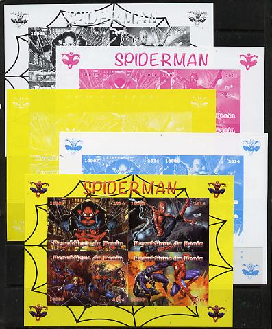 Benin 2014 Spiderman (Comic Strip) sheetlet containing 4 values - the set of 5 imperf progressive proofs comprising the 4 individual colours plus all 4-colour composite, ..., stamps on films, stamps on cinema, stamps on movies, stamps on spiderman, stamps on fantasy