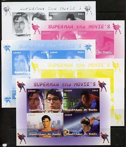 Benin 2014 Superman (Movie) sheetlet containing 4 values - the set of 5 imperf progressive proofs comprising the 4 individual colours plus all 4-colour composite, unmounted mint , stamps on , stamps on  stamps on films, stamps on  stamps on cinema, stamps on  stamps on movies, stamps on  stamps on superman, stamps on  stamps on fantasy