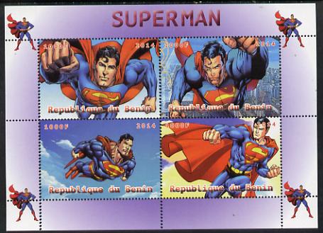 Benin 2014 Superman (Comic Strip) perf sheetlet containing 4 values unmounted mint. Note this item is privately produced and is offered purely on its thematic appeal, stamps on , stamps on  stamps on films, stamps on  stamps on cinema, stamps on  stamps on movies, stamps on  stamps on superman, stamps on  stamps on fantasy