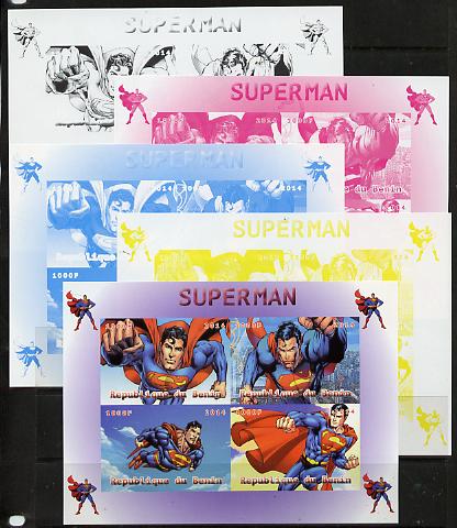 Benin 2014 Superman (Comic Strip) sheetlet containing 4 values - the set of 5 imperf progressive proofs comprising the 4 individual colours plus all 4-colour composite, unmounted mint , stamps on , stamps on  stamps on films, stamps on  stamps on cinema, stamps on  stamps on movies, stamps on  stamps on superman, stamps on  stamps on fantasy