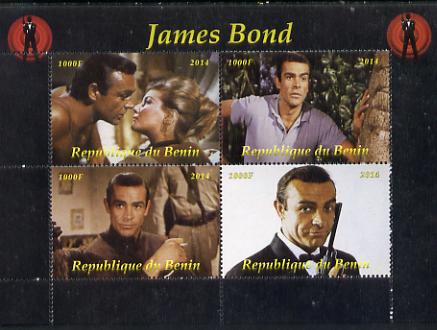 Benin 2014 James Bond perf sheetlet containing 4 values unmounted mint. Note this item is privately produced and is offered purely on its thematic appeal, stamps on , stamps on  stamps on films, stamps on  stamps on cinema, stamps on  stamps on movies, stamps on  stamps on bond, stamps on  stamps on  spy , stamps on  stamps on 