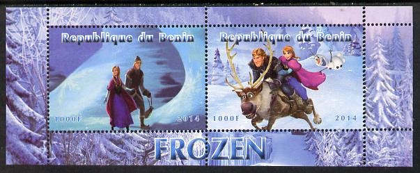 Benin 2014 Disney's Frozen perf sheetlet containing 2 values unmounted mint. Note this item is privately produced and is offered purely on its thematic appeal, stamps on disney, stamps on films, stamps on cinema, stamps on movies, stamps on cartoons, stamps on  3d , stamps on 