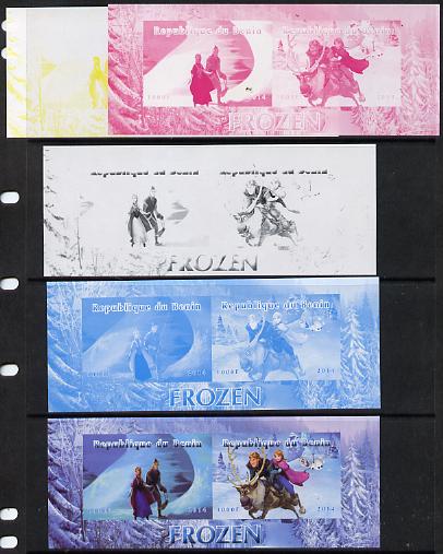 Benin 2014 Disneys Frozen sheetlet containing 2 values - the set of 5 imperf progressive proofs comprising the 4 individual colours plus all 4-colour composite, unmounted..., stamps on disney, stamps on films, stamps on cinema, stamps on movies, stamps on cartoons, stamps on  3d , stamps on 