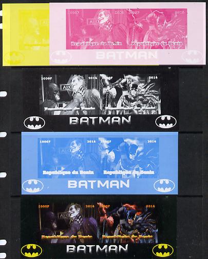 Benin 2014 Batman (Comic Strip) sheetlet containing 2 values - the set of 5 imperf progressive proofs comprising the 4 individual colours plus all 4-colour composite, unmounted mint , stamps on films, stamps on cinema, stamps on movies, stamps on batman, stamps on fantasy