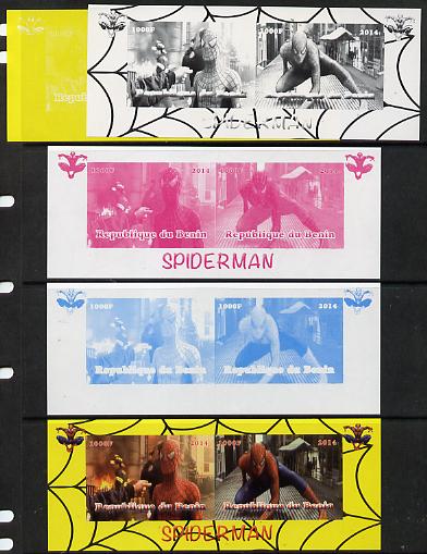 Benin 2014 Spiderman (Movie) sheetlet containing 2 values - the set of 5 imperf progressive proofs comprising the 4 individual colours plus all 4-colour composite, unmounted mint , stamps on , stamps on  stamps on films, stamps on  stamps on cinema, stamps on  stamps on movies, stamps on  stamps on spiderman, stamps on  stamps on fantasy