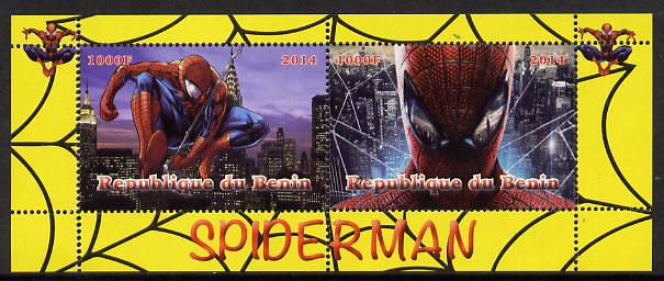 Benin 2014 Spiderman (Comic Strip) perf sheetlet containing 2 values unmounted mint. Note this item is privately produced and is offered purely on its thematic appeal, stamps on , stamps on  stamps on films, stamps on  stamps on cinema, stamps on  stamps on movies, stamps on  stamps on spiderman, stamps on  stamps on fantasy