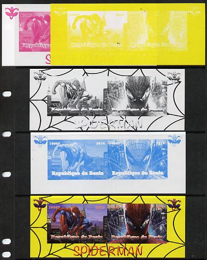 Benin 2014 Spiderman (Comic Strip) sheetlet containing 2 values - the set of 5 imperf progressive proofs comprising the 4 individual colours plus all 4-colour composite, unmounted mint , stamps on , stamps on  stamps on films, stamps on  stamps on cinema, stamps on  stamps on movies, stamps on  stamps on spiderman, stamps on  stamps on fantasy