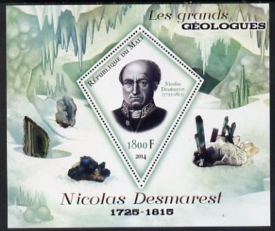 Mali 2014 Famous Gelogists & Minerals - Nicolas Desmarest perf deluxe sheet containing one diamond shaped value unmounted mint, stamps on personalities, stamps on shaped, stamps on diamond, stamps on geology, stamps on minerals