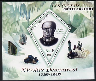 Mali 2014 Famous Gelogists & Minerals - Nicolas Desmarest perf deluxe sheet containing one diamond shaped value unmounted mint, stamps on , stamps on  stamps on personalities, stamps on  stamps on shaped, stamps on  stamps on diamond, stamps on  stamps on geology, stamps on  stamps on minerals