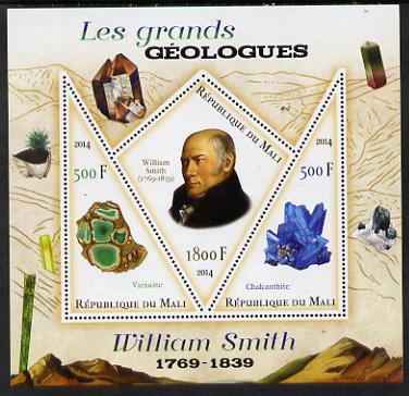 Mali 2014 Famous Gelogists & Minerals - William Smith perf sheetlet containing one diamond shaped & two triangular values unmounted mint, stamps on personalities, stamps on shaped, stamps on diamond, stamps on triangles, stamps on triangular, stamps on geology, stamps on minerals