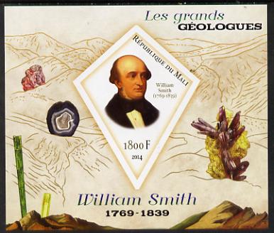 Mali 2014 Famous Gelogists & Minerals - William Smith imperf deluxe sheet containing one diamond shaped value unmounted mint, stamps on , stamps on  stamps on personalities, stamps on  stamps on shaped, stamps on  stamps on diamond, stamps on  stamps on geology, stamps on  stamps on minerals