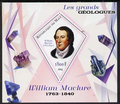 Mali 2014 Famous Gelogists & Minerals - William Maclure perf deluxe sheet containing one diamond shaped value unmounted mint, stamps on personalities, stamps on shaped, stamps on diamond, stamps on geology, stamps on minerals