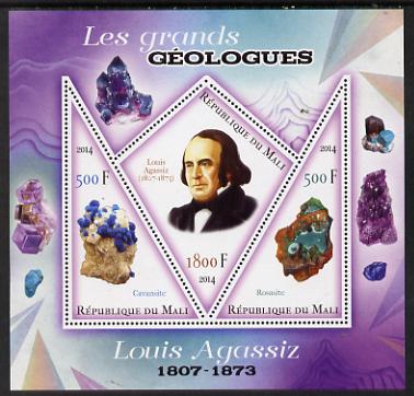 Mali 2014 Famous Gelogists & Minerals - Louis Agassiz perf sheetlet containing one diamond shaped & two triangular values unmounted mint, stamps on personalities, stamps on shaped, stamps on diamond, stamps on triangles, stamps on triangular, stamps on geology, stamps on minerals
