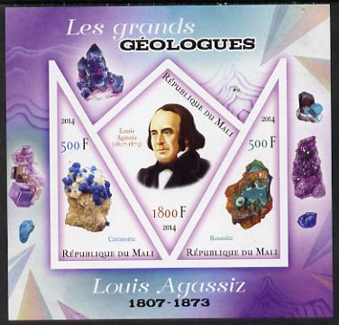 Mali 2014 Famous Gelogists & Minerals - Louis Agassiz imperf sheetlet containing one diamond shaped & two triangular values unmounted mint, stamps on personalities, stamps on shaped, stamps on diamond, stamps on triangles, stamps on triangular, stamps on geology, stamps on minerals