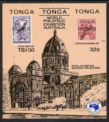 Tonga 1984 Ausipex Stamp Exhibition self-adhesive m/sheet opt'd SPECIMEN (Tongan Parrot stamp & Australian Kookaburra) unmounted mint, as SG MS 892, stamps on , stamps on  stamps on birds, stamps on  stamps on parrots, stamps on  stamps on stamp on stamp, stamps on  stamps on stamp exhibitions, stamps on  stamps on self adhesive, stamps on  stamps on stamponstamp