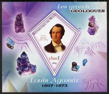 Mali 2014 Famous Gelogists & Minerals - Louis Agassiz perf deluxe sheet containing one diamond shaped value unmounted mint, stamps on personalities, stamps on shaped, stamps on diamond, stamps on geology, stamps on minerals