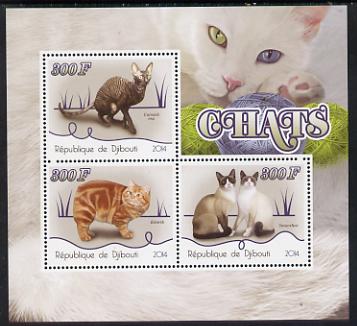 Djibouti 2014 Domestic Cats perf sheetlet containing three values unmounted mint, stamps on , stamps on  stamps on cats