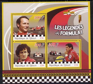 Djibouti 2014 Legends of Formula 1 perf sheetlet containing three values unmounted mint, stamps on sport, stamps on  f1 , stamps on formula 1, stamps on cars, stamps on racing cars, stamps on personalities