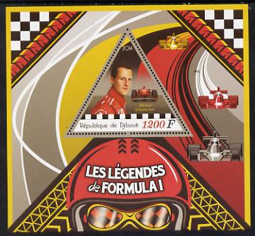 Djibouti 2014 Legends of Formula 1 perf deluxe sheet containing one triangular shaped value unmounted mint, stamps on sport, stamps on  f1 , stamps on formula 1, stamps on cars, stamps on racing cars, stamps on personalities, stamps on shaped, stamps on triangular, stamps on triangle
