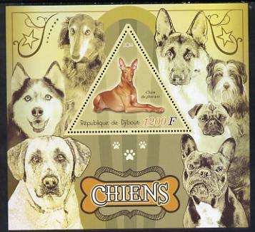 Djibouti 2014 Dogs perf deluxe sheet containing one triangular shaped value unmounted mint, stamps on dogs, stamps on shaped, stamps on triangular, stamps on triangle