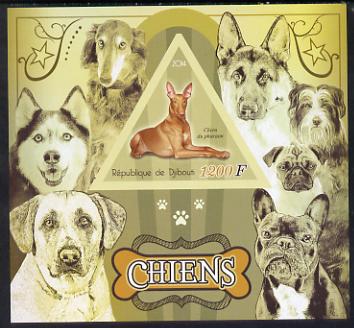 Djibouti 2014 Dogs imperf deluxe sheet containing one triangular shaped value unmounted mint, stamps on dogs, stamps on shaped, stamps on triangular, stamps on triangle