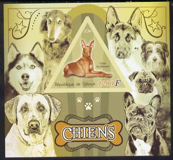 Djibouti 2014 Dogs imperf deluxe sheet containing one triangular shaped value unmounted mint, stamps on , stamps on  stamps on dogs, stamps on  stamps on shaped, stamps on  stamps on triangular, stamps on  stamps on triangle