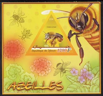 Djibouti 2014 Bees imperf deluxe sheet containing one triangular shaped value unmounted mint, stamps on bees, stamps on honey, stamps on food, stamps on insects, stamps on shaped, stamps on triangular, stamps on triangle