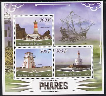 Djibouti 2014 Lighthouses perf sheetlet containing three values unmounted mint, stamps on , stamps on  stamps on lighthouses, stamps on  stamps on ships