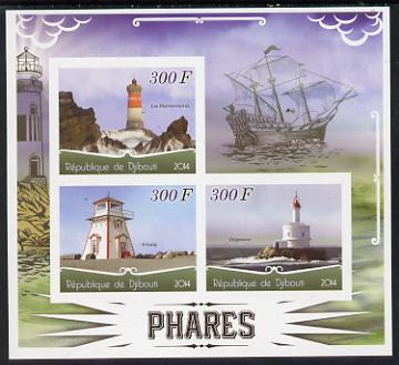 Djibouti 2014 Lighthouses imperf sheetlet containing three values unmounted mint, stamps on lighthouses, stamps on ships