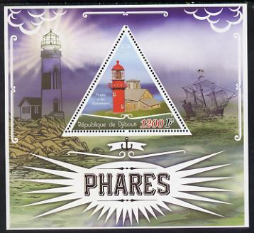 Djibouti 2014 Lighthouses perf deluxe sheet containing one triangular shaped value unmounted mint, stamps on , stamps on  stamps on lighthouses, stamps on  stamps on ships, stamps on  stamps on shaped, stamps on  stamps on triangular, stamps on  stamps on triangle