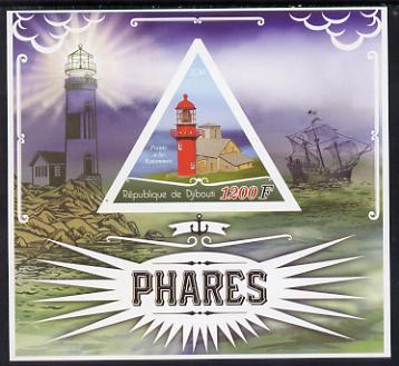 Djibouti 2014 Lighthouses imperf deluxe sheet containing one triangular shaped value unmounted mint, stamps on lighthouses, stamps on ships, stamps on shaped, stamps on triangular, stamps on triangle