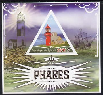 Djibouti 2014 Lighthouses imperf deluxe sheet containing one triangular shaped value unmounted mint, stamps on , stamps on  stamps on lighthouses, stamps on  stamps on ships, stamps on  stamps on shaped, stamps on  stamps on triangular, stamps on  stamps on triangle