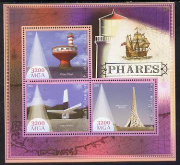 Madagascar 2014 Lighthouses perf sheetlet containing three values unmounted mint, stamps on , stamps on  stamps on lighthouses, stamps on  stamps on ships