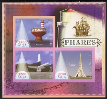 Madagascar 2014 Lighthouses imperf sheetlet containing three values unmounted mint, stamps on , stamps on  stamps on lighthouses, stamps on  stamps on ships