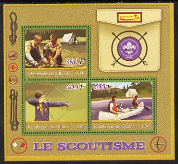 Djibouti 2014 Scouts perf sheetlet containing three values unmounted mint, stamps on , stamps on  stamps on scouts, stamps on  stamps on archery, stamps on  stamps on canoes, stamps on  stamps on canoeing, stamps on  stamps on 