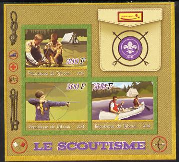 Djibouti 2014 Scouts imperf sheetlet containing three values unmounted mint, stamps on , stamps on  stamps on scouts, stamps on  stamps on archery, stamps on  stamps on canoes, stamps on  stamps on canoeing, stamps on  stamps on 