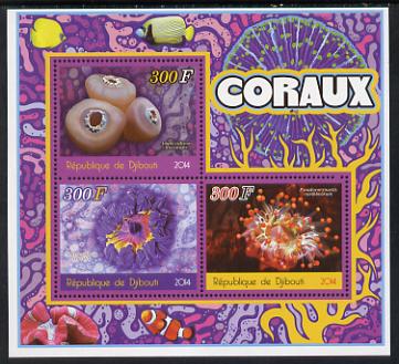 Djibouti 2014 Coral perf sheetlet containing three values unmounted mint, stamps on coral, stamps on marine life