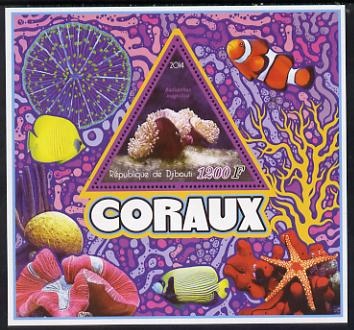 Djibouti 2014 Coral perf deluxe sheet containing one triangular shaped value unmounted mint, stamps on coral, stamps on marine life, stamps on shaped, stamps on triangular, stamps on triangle