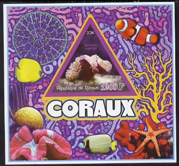 Djibouti 2014 Coral imperf deluxe sheet containing one triangular shaped value unmounted mint, stamps on coral, stamps on marine life, stamps on shaped, stamps on triangular, stamps on triangle