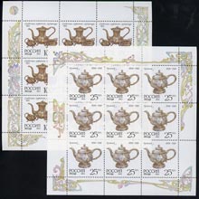 Russia 1993 Silverware 25r (Teapot) & 100r (Cream Jug & Coffee Pot) each in sheetlets of 9, SG 6410 & 6413 (see note after Michel 312), stamps on jewellry, stamps on minerals, stamps on  tea , stamps on drink
