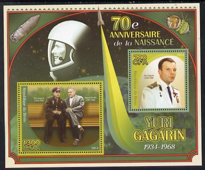 Benin 2014 Yuri Gagarin perf sheetlet containing two values unmounted mint, stamps on , stamps on  stamps on space, stamps on  stamps on personalities