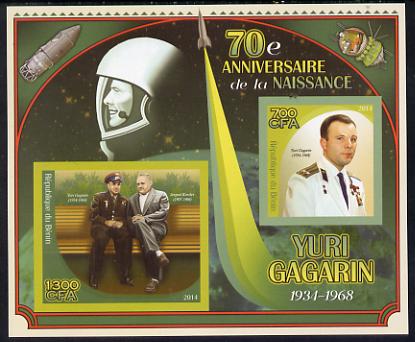 Benin 2014 Yuri Gagarin imperf sheetlet containing two values unmounted mint, stamps on , stamps on  stamps on space, stamps on  stamps on personalities