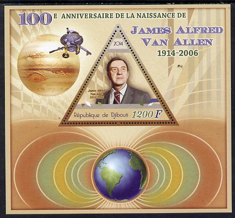 Djibouti 2014 Birth Centenary of James Van Allen perf sheetlet containing triangular value unmounted mint, stamps on , stamps on  stamps on shaped, stamps on  stamps on triangular, stamps on  stamps on triangles, stamps on  stamps on science, stamps on  stamps on space