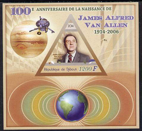 Djibouti 2014 Birth Centenary of James Van Allen imperf sheetlet containing triangular value unmounted mint, stamps on shaped, stamps on triangular, stamps on triangles, stamps on science, stamps on space