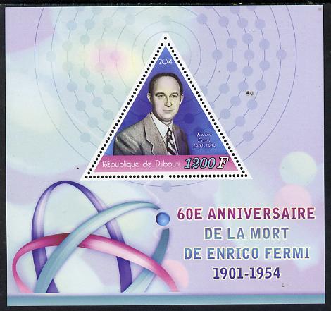 Djibouti 2014 60th Death Anniversary of Enrico Fermi perf sheetlet containing triangular value unmounted mint, stamps on , stamps on  stamps on shaped, stamps on  stamps on triangular, stamps on  stamps on triangles, stamps on  stamps on science, stamps on  stamps on space, stamps on  stamps on atomics