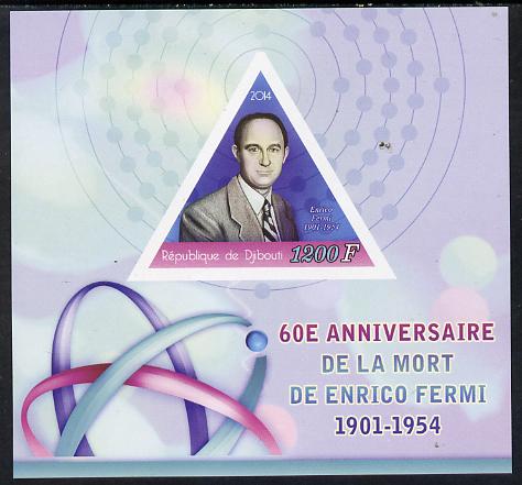 Djibouti 2014 60th Death Anniversary of Enrico Fermi imperf sheetlet containing triangular value unmounted mint, stamps on , stamps on  stamps on shaped, stamps on  stamps on triangular, stamps on  stamps on triangles, stamps on  stamps on science, stamps on  stamps on space, stamps on  stamps on atomics