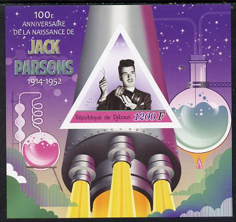 Djibouti 2014 Birth Centenary of Jack Parsons imperf sheetlet containing triangular value unmounted mint, stamps on , stamps on  stamps on shaped, stamps on  stamps on triangular, stamps on  stamps on triangles, stamps on  stamps on science, stamps on  stamps on space, stamps on  stamps on rockets