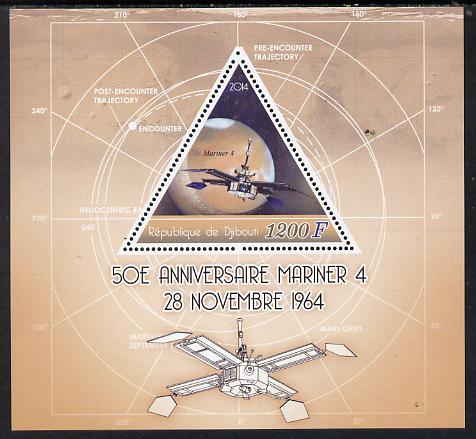 Djibouti 2014 50th Anniversary of Launch of Mariner 4 perf sheetlet containing triangular value unmounted mint, stamps on shaped, stamps on triangular, stamps on triangles, stamps on space, stamps on mariner, stamps on satellites, stamps on mars, stamps on 